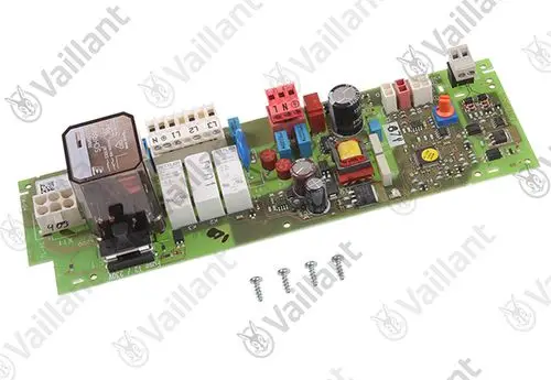 Leiterplatte von Vaillant mit verschiedenen elektrischen Komponenten, Relais und Anschlüssen, typischer Einsatz in Heizungs- oder Klimageräten.